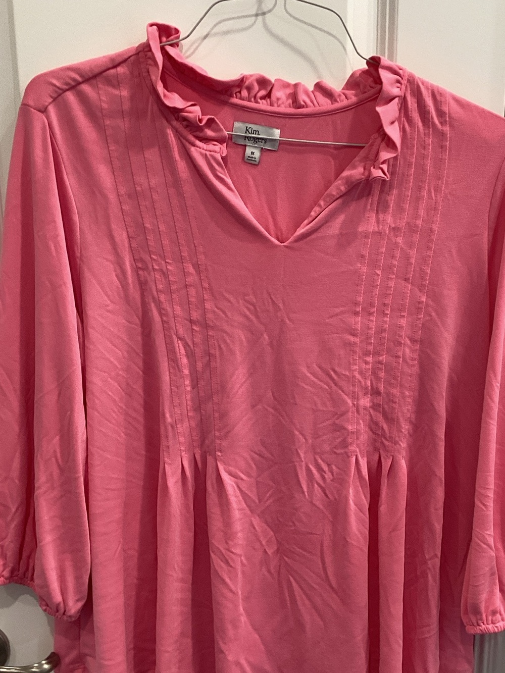 Kim Rogers Pink Ruffle V-Neck Pintuck Tunic
